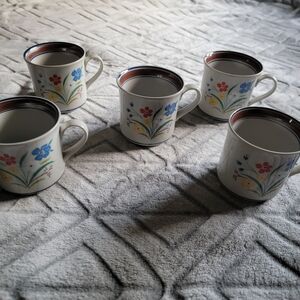 Vintage Salem Stoneware Floral Cups With Handles Coffee Mug Set Of 5 Made In USA